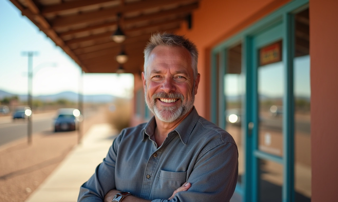 Horizon City business owner outside retail establishment with Franklin Mountains visible