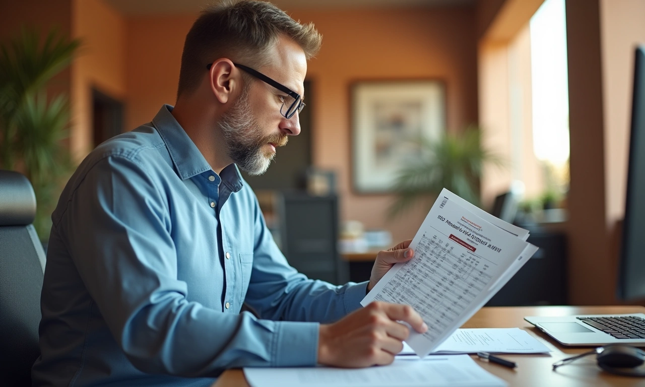 Property portfolio manager reviewing rental income reports in El Paso office