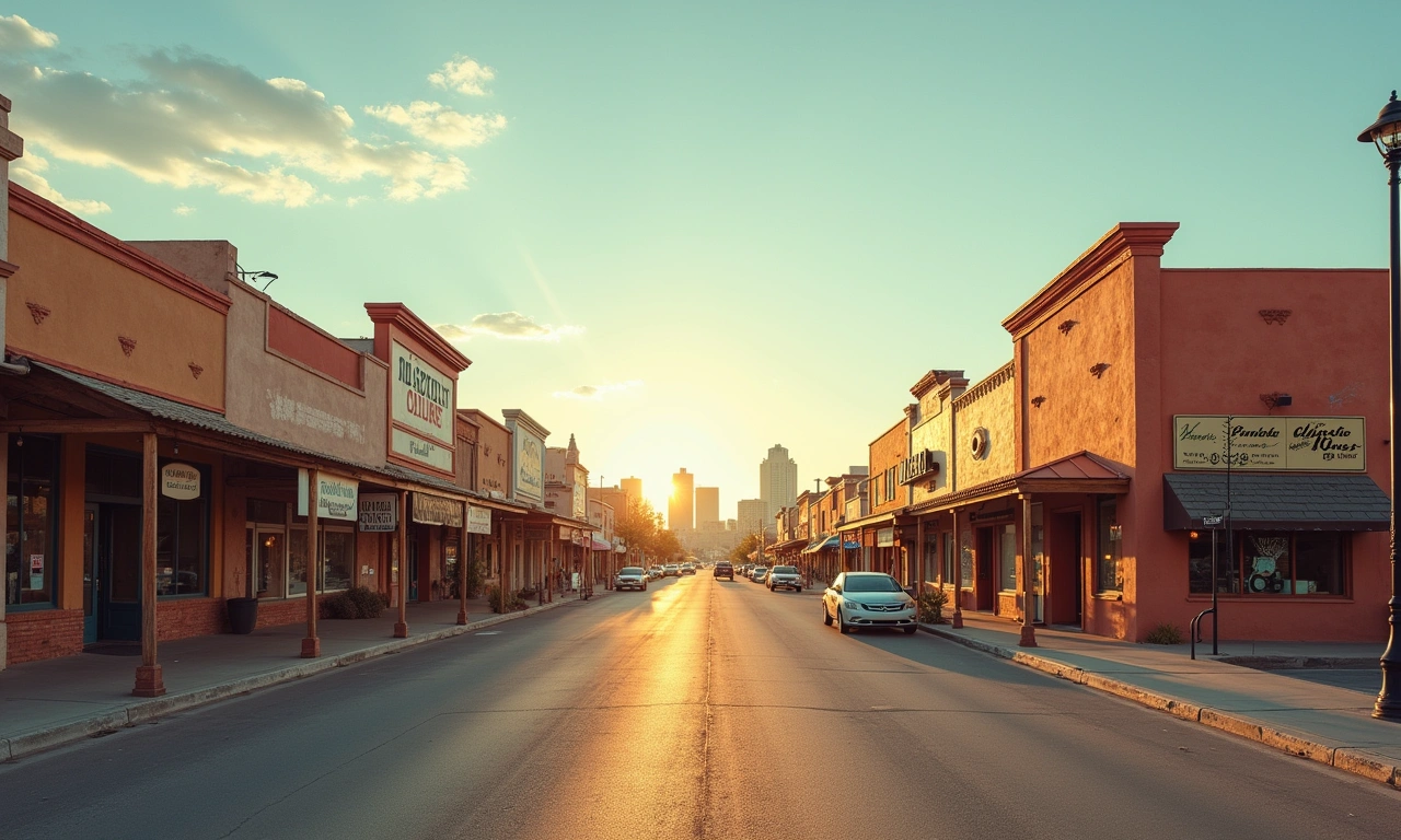 Socorro Texas main street commercial district with El Paso skyline visible