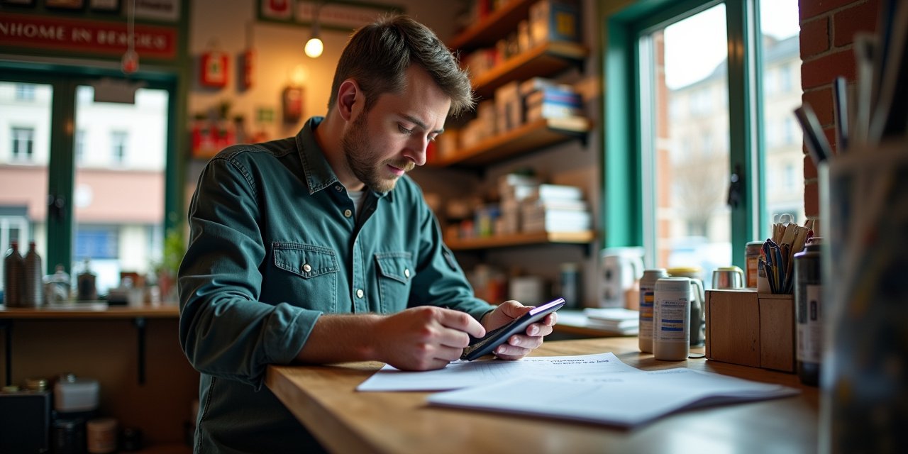 Small business owner reviewing invoices at a shop counter
