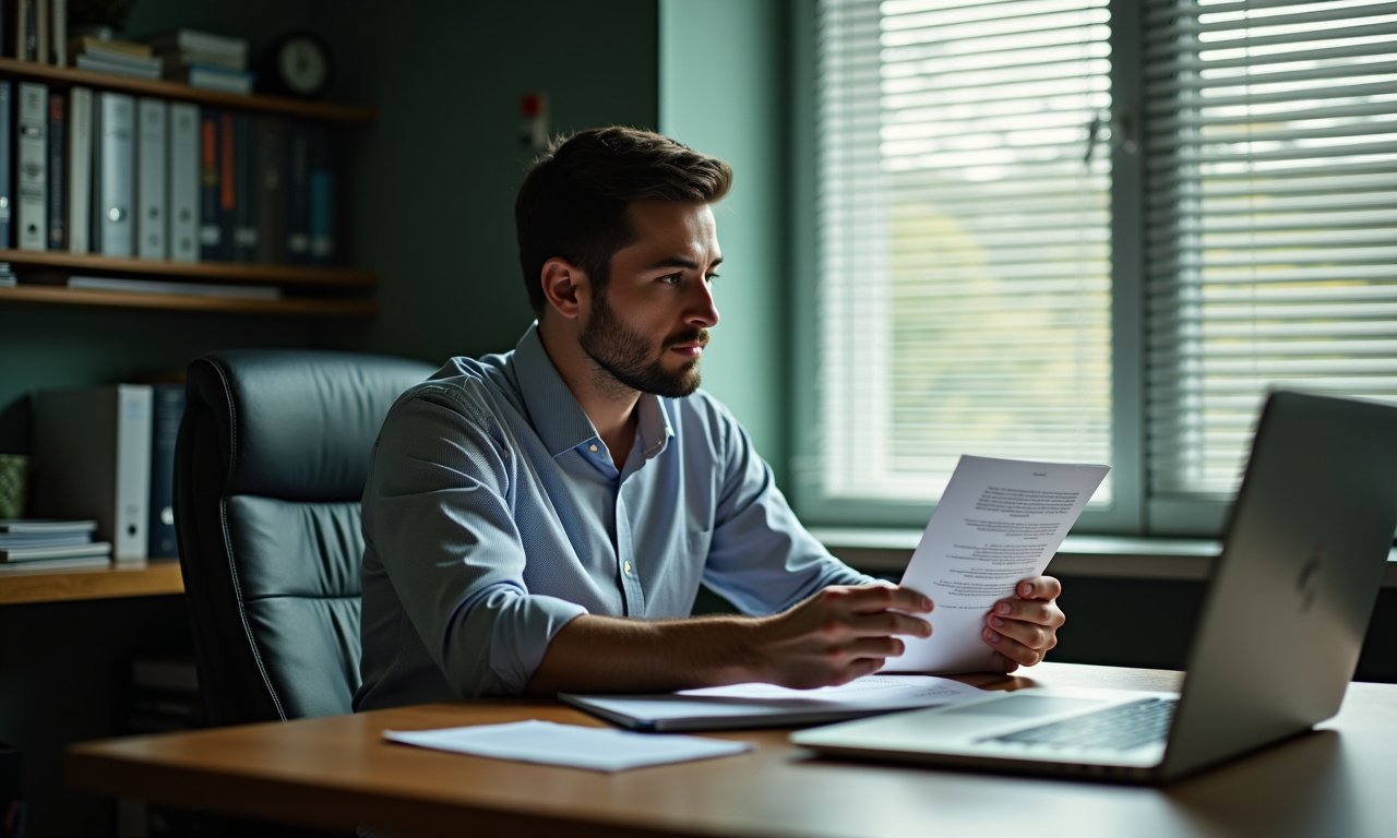 Business owner reviewing a loan denial letter at a desk with a laptop, thoughtful expression