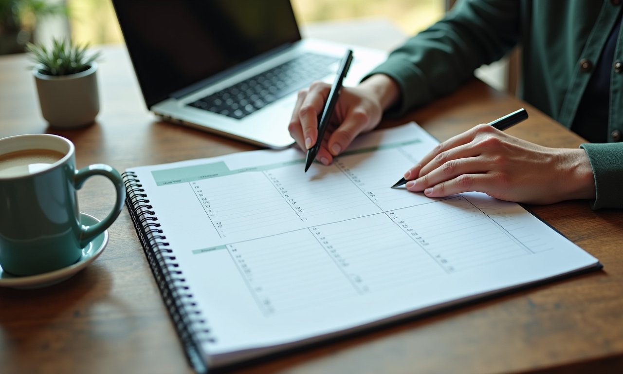 Business owner reviewing a blank planner and laptop while tracking loan application progress