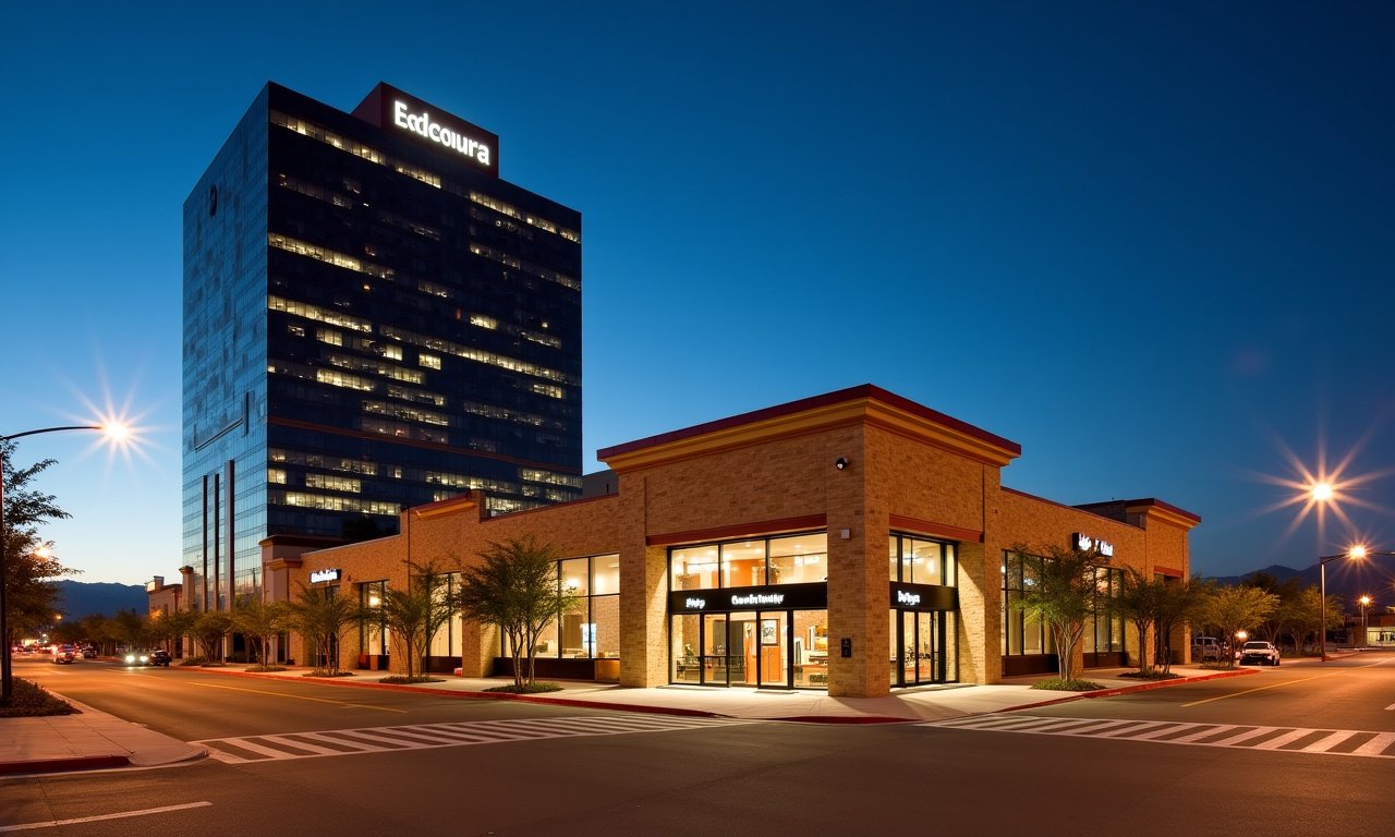 Traditional bank branch next to a modern office tower in downtown El Paso at dusk