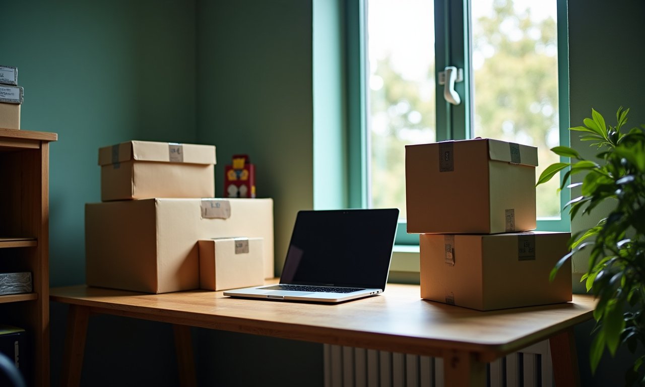 Home fulfillment desk with packed shipping boxes and laptop, lit by window light