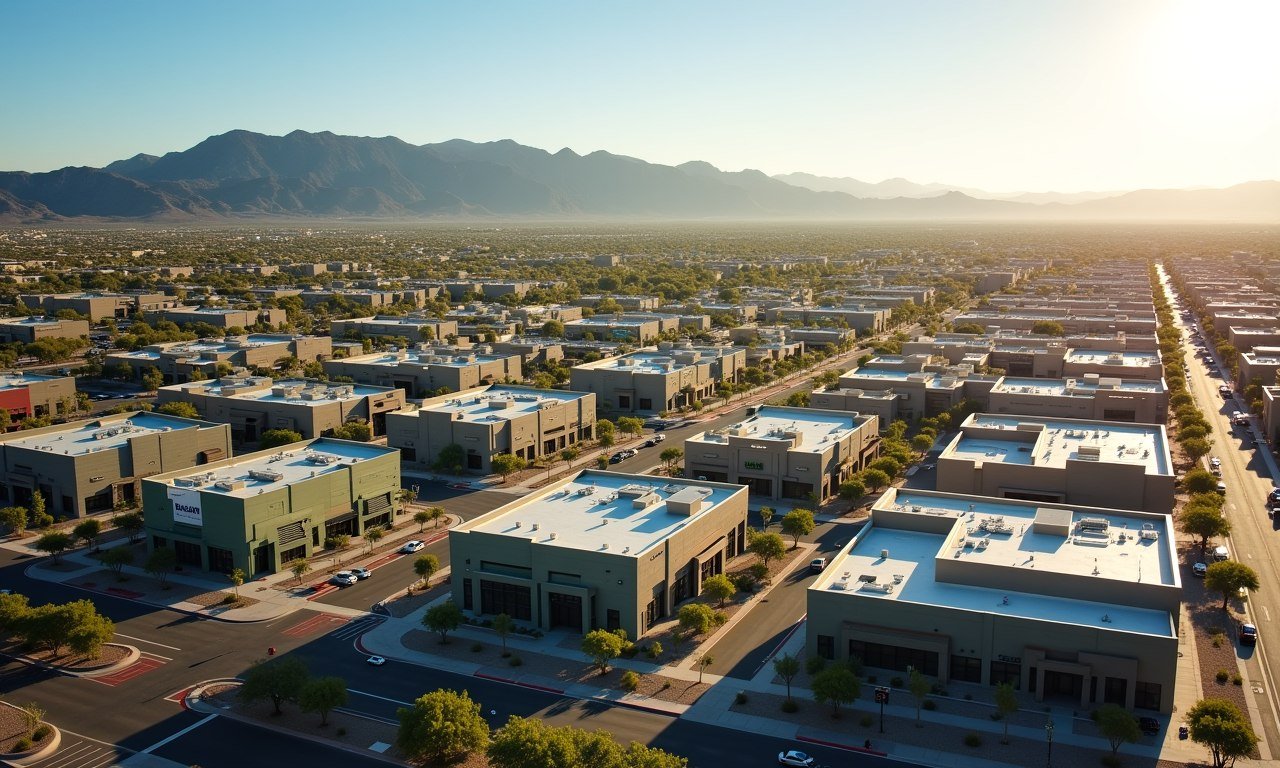 Aerial view of El Paso commercial corridor with the Franklin Mountains rising behind low-rise office buildings