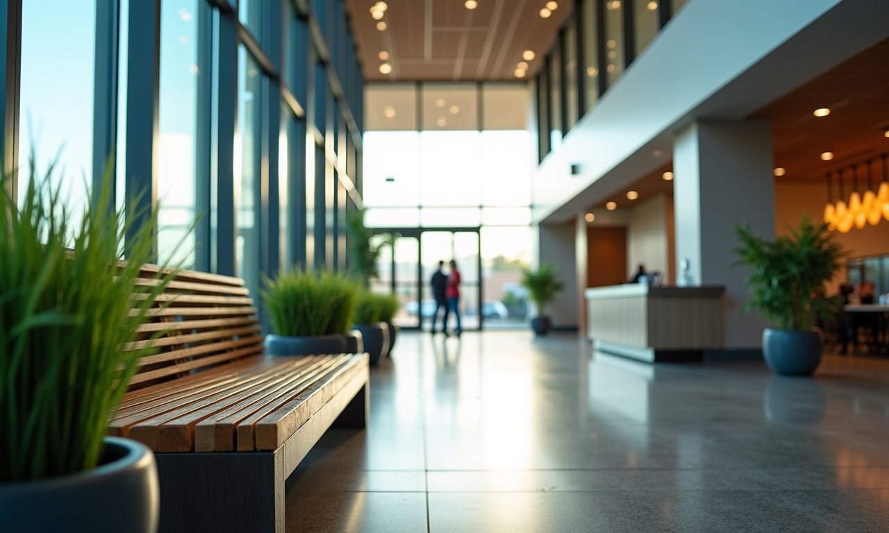 Sunlit civic building lobby with seating area representing El Paso small business resource services