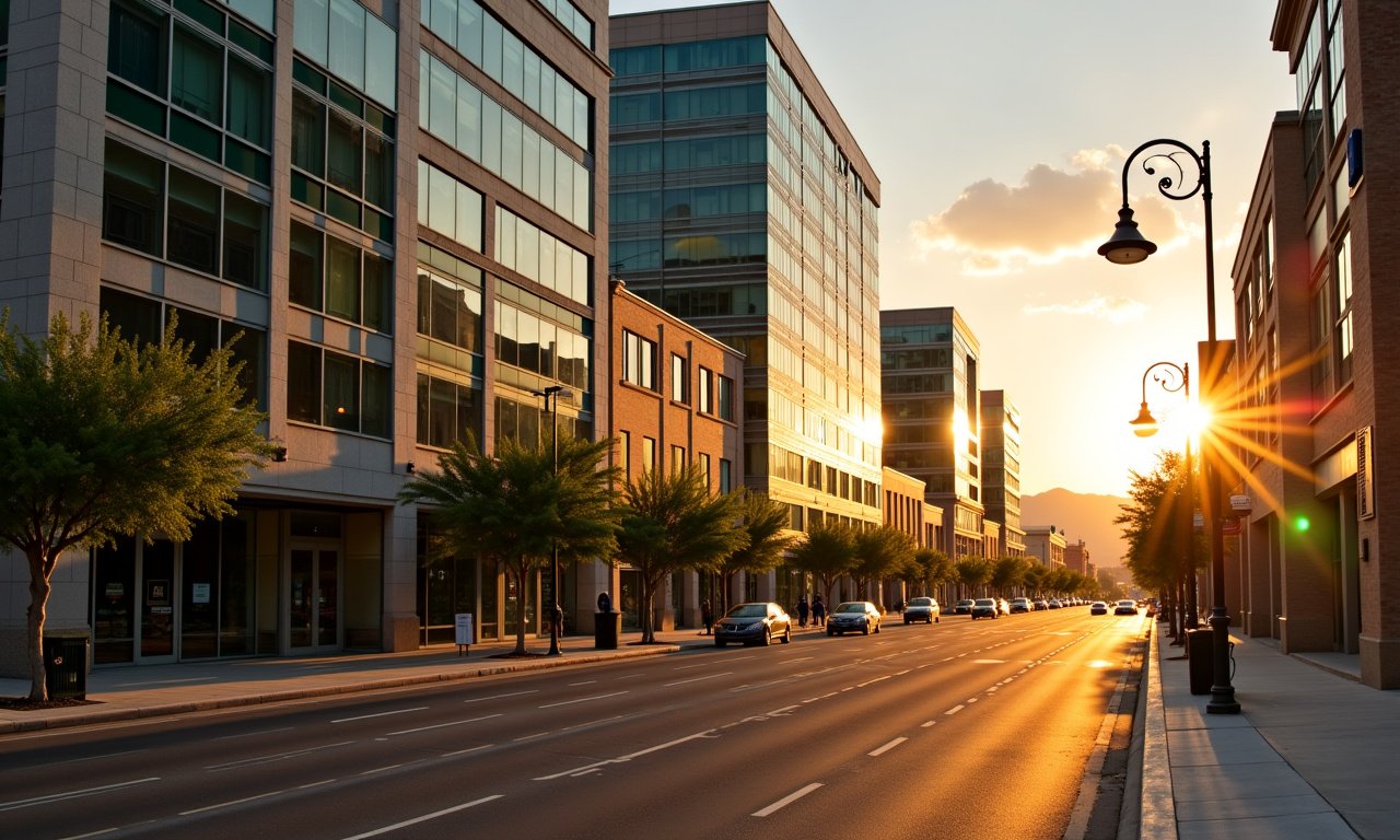 Row of downtown El Paso financial district office buildings and bank branches at golden hour