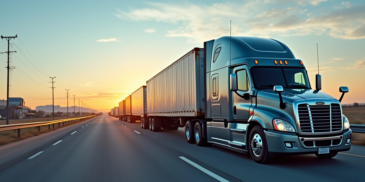 Semi-trucks lined up at El Paso Port of Entry with invoice factoring documents overlay