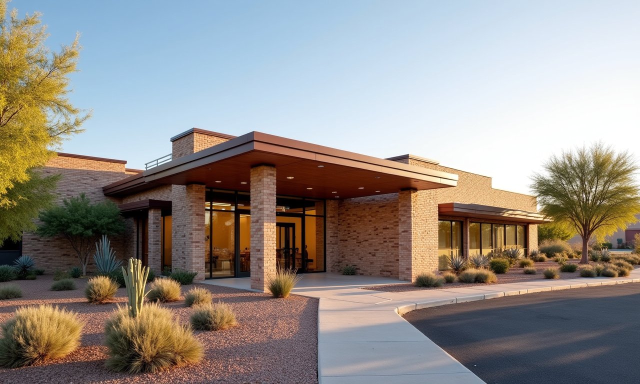 Community center entrance with desert landscaping, a facility type commonly financed by mission-based lenders