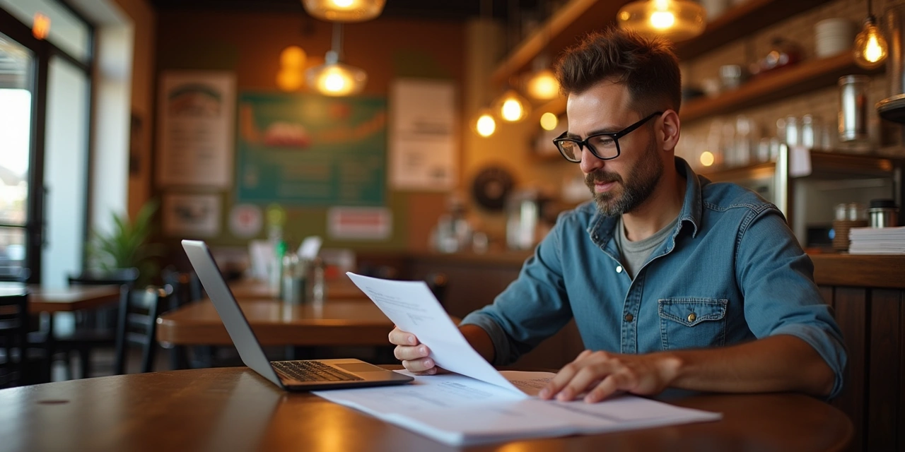 El Paso restaurant owner reviewing seasonal cash flow projections with calculator and financial documents