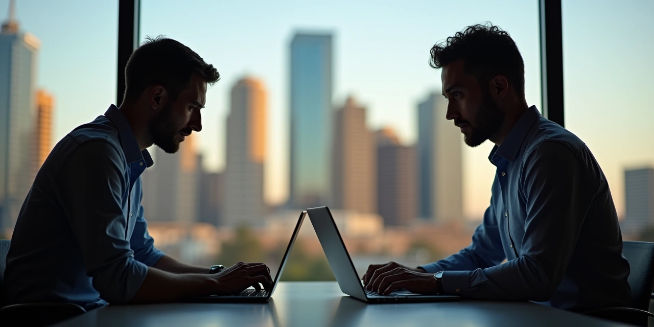 El Paso tech startup founders reviewing revenue based financing terms on laptop with downtown skyline in background