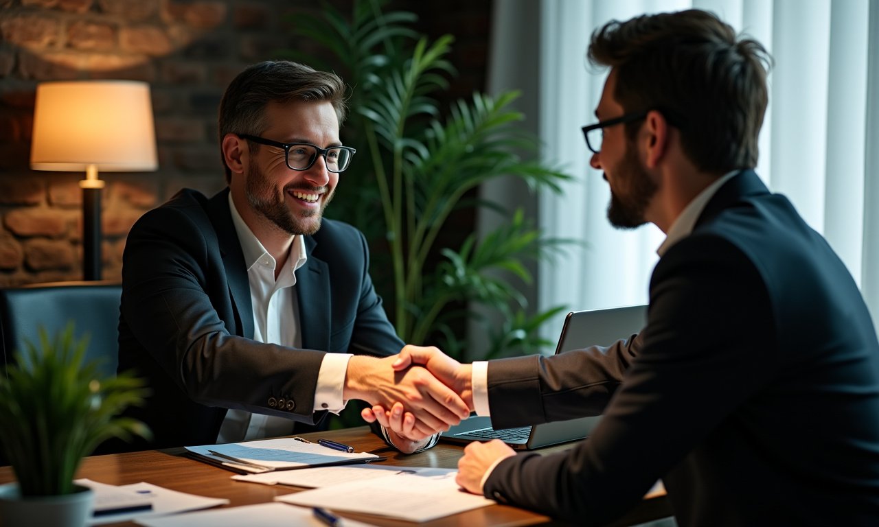 Business owner and lender shaking hands over loan paperwork and a laptop at a small office desk