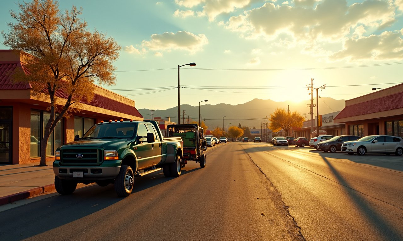 Landscaper's truck and trailer parked outside El Paso storefronts at golden hour, early autumn slowdown
