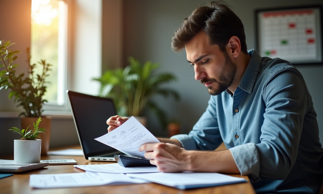 Small business owner reviewing receipts at a desk with a calculator during tax season