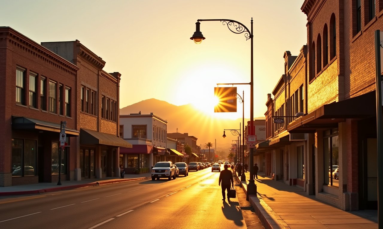 Downtown El Paso commercial street at golden hour with the Franklin Mountains behind small business storefronts